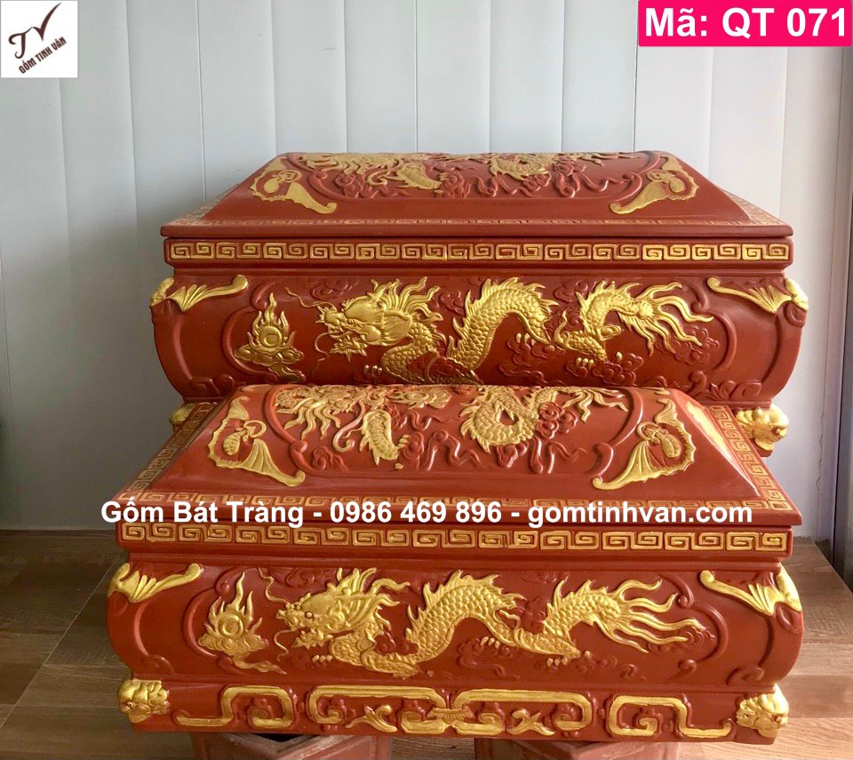 Bộ quách tiểu gốm đỏ đất nung nâu đỏ, mã QT071, hoa văn song long chầu nguyệt, kết hợp vẽ vàng, hoa văn chạm trổ tinh xảo, hũ đựng tro cốt, sang cát, bốc mộ, cải táng, hoả táng, gốm bát tràng tinh vân