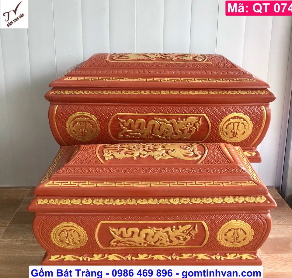 Bộ quách tiểu gốm đỏ đất nung nâu đỏ, mã QT074, hoa văn ngũ phúc kim tiền, rồng thời lý, kết hợp vẽ vàng, hoa văn chạm trổ tinh xảo, hũ đựng tro cốt, sang cát, bốc mộ, cải táng, hoả táng, gốm bát tràng tinh vân