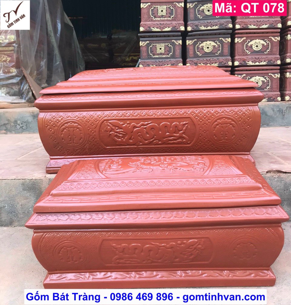 Bộ quách tiểu gốm đỏ đất nung nâu đỏ, mã QT078, hoa văn ngũ phúc kim tiền, rồng thời lý, hoa văn chạm trổ tinh xảo, hũ đựng tro cốt, sang cát, bốc mộ, cải táng, hoả táng, gốm bát tràng tinh vân