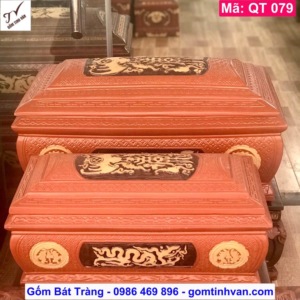 Bộ quách tiểu gốm đỏ đất nung nâu đỏ, mã QT079, hoa văn ngũ phúc kim tiền, kết hợp vẽ vàng, rồng thời lý, hoa văn chạm trổ tinh xảo, hũ đựng tro cốt, sang cát, bốc mộ, cải táng, hoả táng, gốm bát tràng tinh vân