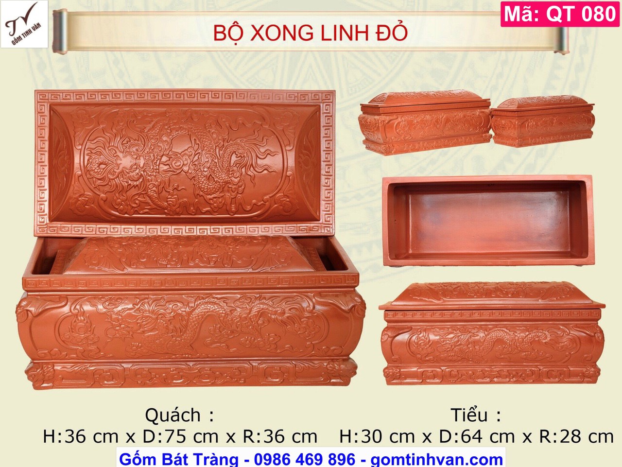 Bộ quách tiểu gốm đất nung nâu đỏ, mã QT080, song linh long phụng đắp nổi 3D, hoa văn chạm trổ tinh xảo, hũ đựng tro cốt, sang cát, bốc mộ, cải táng, hoả táng, gốm bát tràng tinh vân