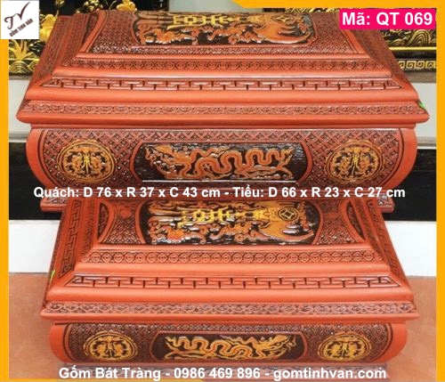 Bộ quách tiểu gốm đỏ đất đỏ, mã QT069, hoa văn ngũ phúc kim tiền, rồng thời lý, kết hợp vẽ vàng, hoa văn chạm trổ tinh xảo, hũ đựng tro cốt, sang cát, bốc mộ, cải táng, gốm bát tràng tinh vân
