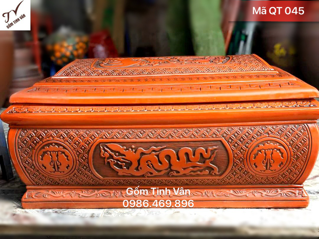 Bộ quách tiểu ngũ phúc kim tiền, mã QT045, hoa văn chạm khắc nổi, sắc nét, tinh xảo, gốm đất đỏ, gốm bát tràng tinh vân,