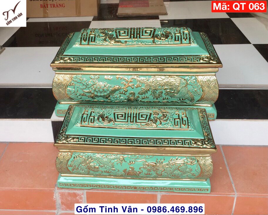 Bộ quách tiểu, bình tro, hũ cốt, mã QT063, cải táng, hỏa táng, bốc mộ, sang cát, men xanh ngọc, tứ linh, long ly quy phụng đắp nổi 3D vẽ vàng 24k bền vĩnh cửu, sang trọng, chuẩn phong thủy, hoa sen mang ý nghĩa bình an