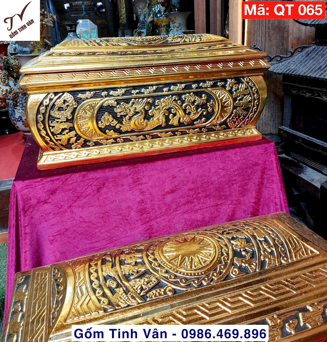 Bộ quách tiểu, bình tro, hũ cốt, mã QT065, cải táng, hỏa táng, bốc mộ, sang cát, men đen, cảnh rồng đắp nổi 3D, trống đồng đắp nổi vẽ vàng 24k bền vĩnh cửu, sang trọng, chuẩn phong thủy, bộ gồm 1 quách 76x37x43 cm, 1 tiểu 66x23xx27 cm, gốm bát tràng tinh vân cao cấp