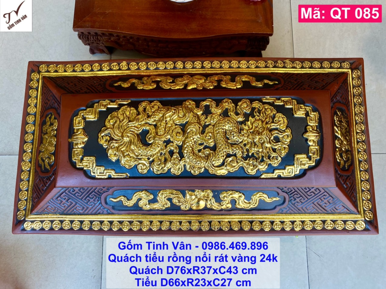 Bộ quách tiểu rồng nổi rát vàng 24k cao cấp, mã QT085, cải táng, hoả táng, đựng tro và xương cốt, gốm bát tràng tinh vân