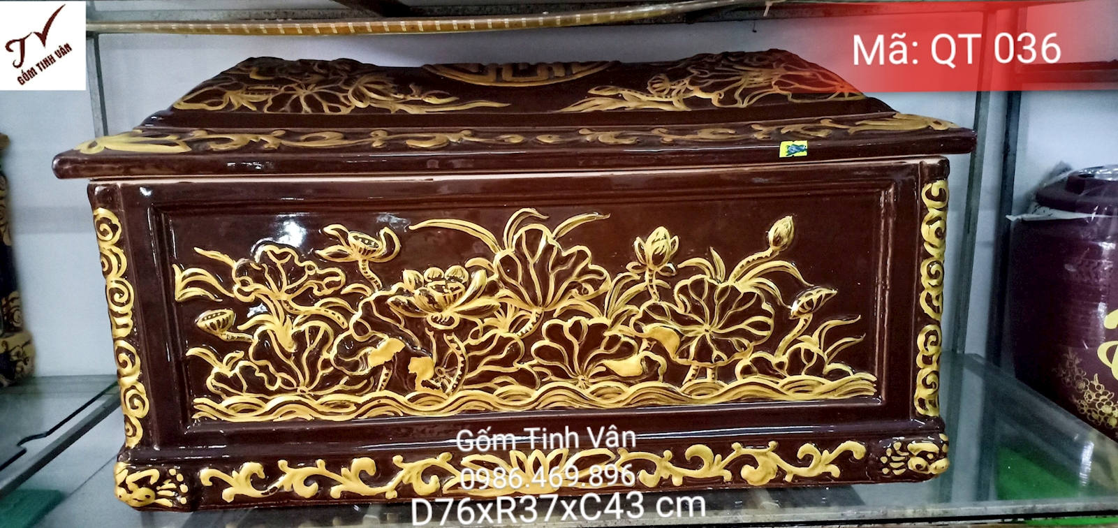 Quách tiểu cải táng, bình tro cốt, mã QT036, hũ cốt, bốc mộ, quách 76x37x43 cm, tiểu 66x27x23 cm, hoa sen đắp nổi, men màu nâu, gốm sứ bát tràng, tinh vân