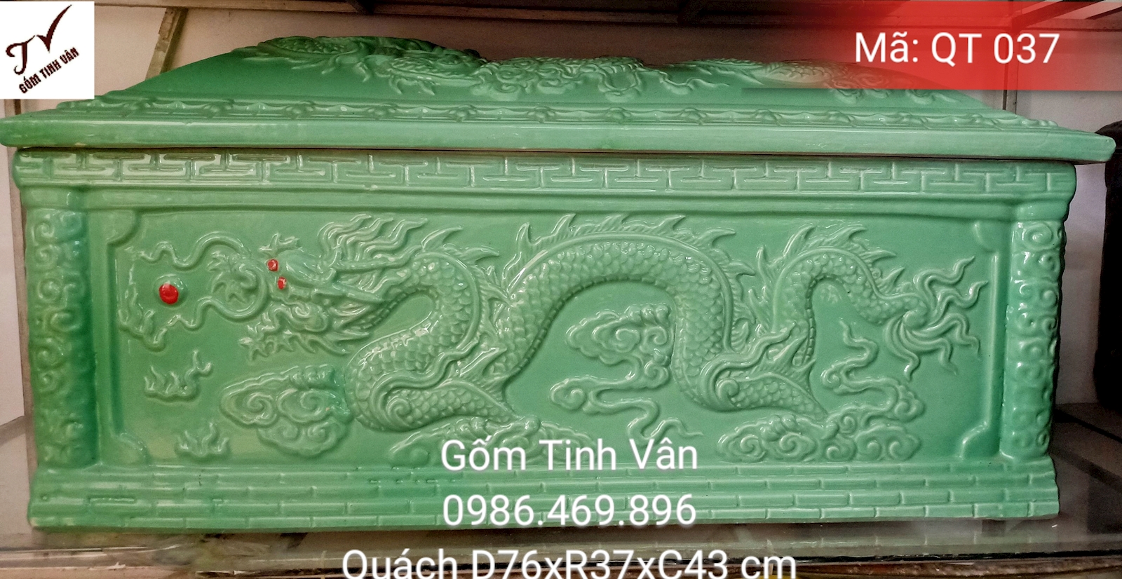 Quách tiểu cải táng, bình tro cốt, mã QT037, hũ cốt, bốc mộ, quách 76x37x43 cm, tiểu 66x27x23 cm, rồng đắp nổi, men màu xanh, gốm sứ bát tràng, tinh vân