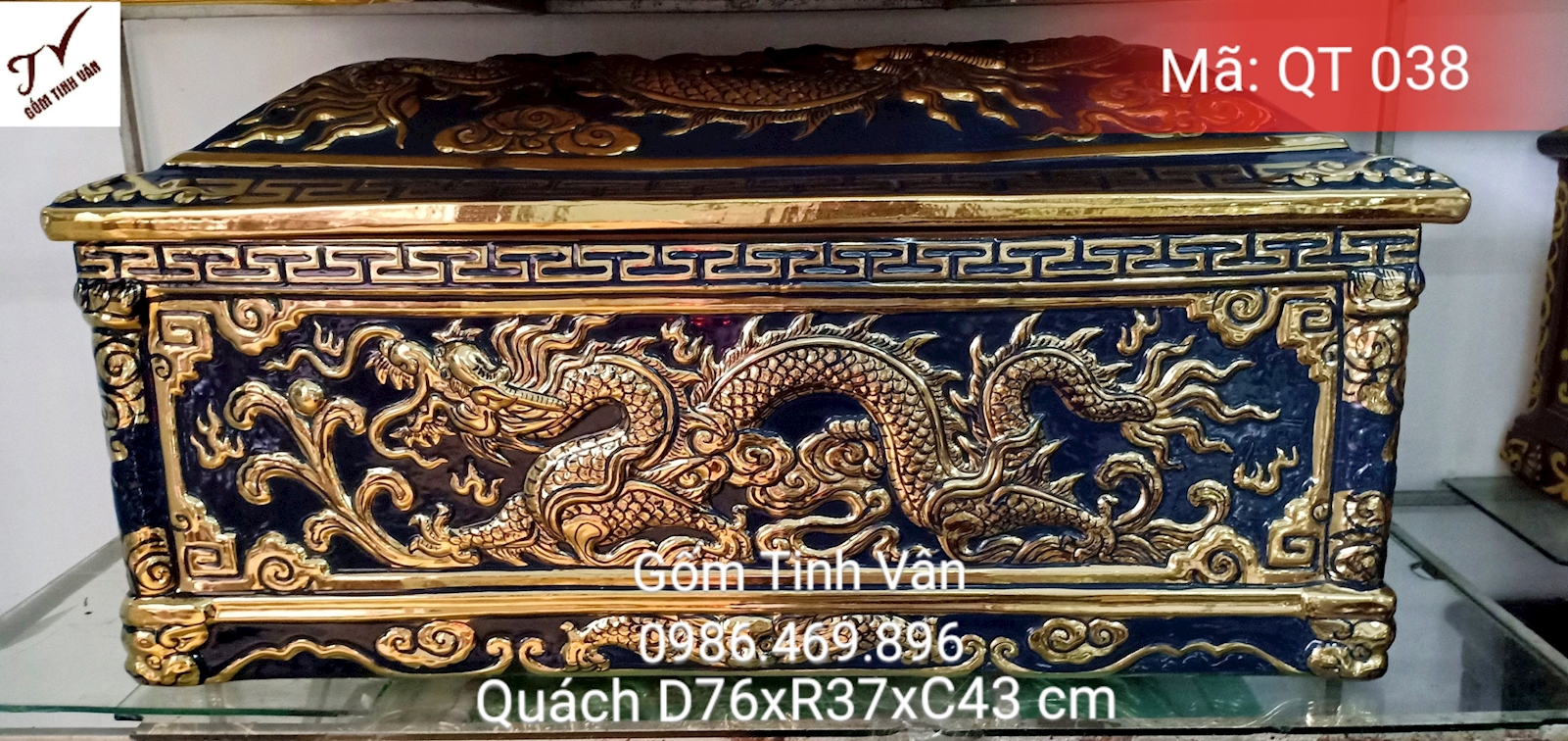 Quách tiểu cải táng, bình tro cốt, mã QT038, hũ cốt, bốc mộ, quách 76x37x43 cm, tiểu 66x27x23 cm, rồng đắp nổi, rát vàng 24k, men màu xanh đen, gốm sứ bát tràng, tinh vân