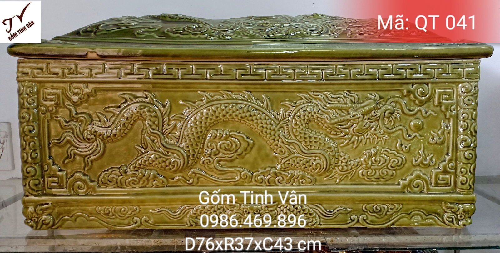 Quách tiểu cải táng, bình tro cốt, mã QT041, hũ cốt, bốc mộ, quách 76x37x43 cm, tiểu 66x27x23 cm, rồng đắp nổi, men màu xanh, gốm sứ bát tràng, tinh vân