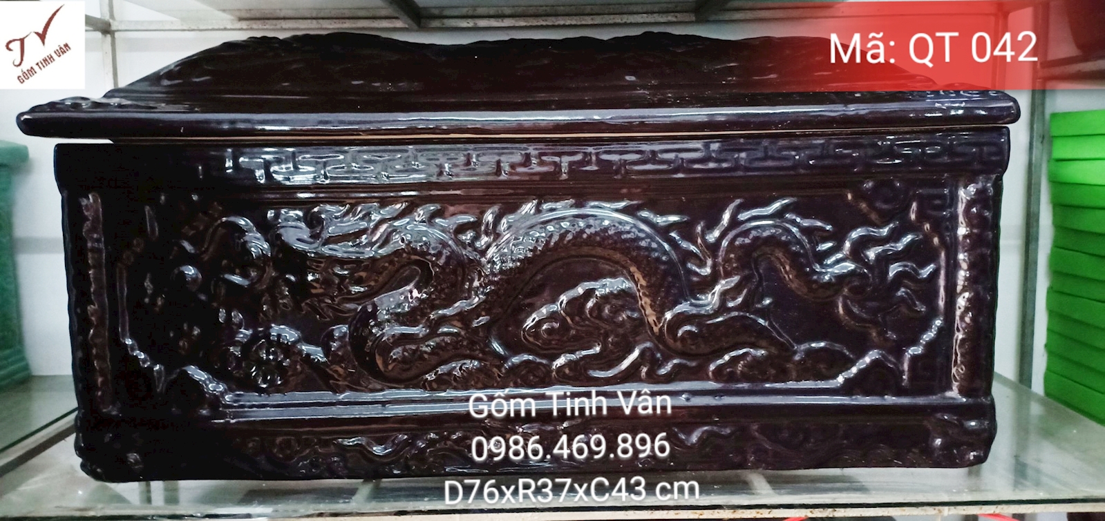 Quách tiểu cải táng, bình tro cốt, mã QT042, hũ cốt, bốc mộ, quách 76x37x43 cm, tiểu 66x27x23 cm, rồng đắp nổi, men màu đen, gốm sứ bát tràng, tinh vân