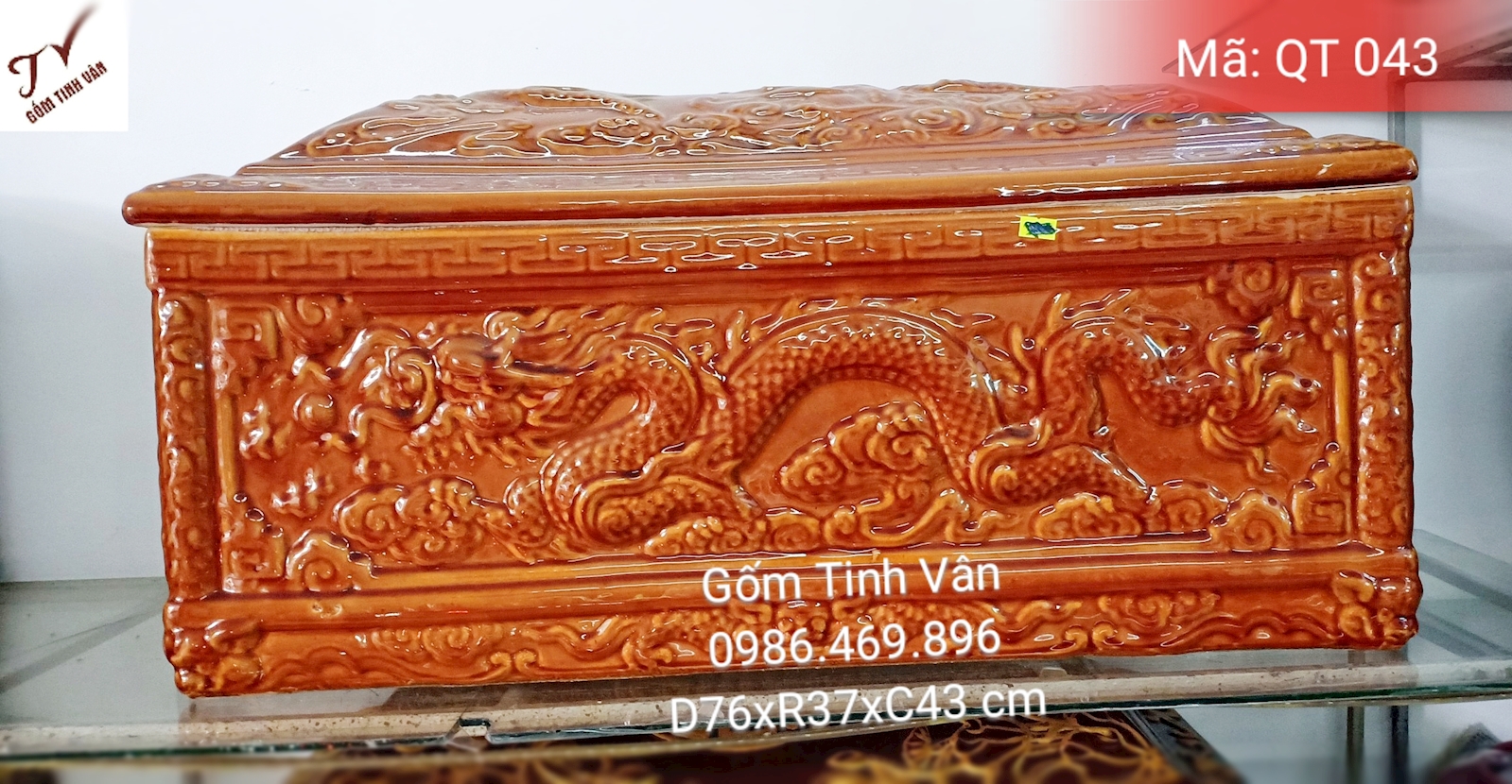 Quách tiểu cải táng, bình tro cốt, mã QT043, hũ cốt, bốc mộ, quách 76x37x43 cm, tiểu 66x27x23 cm, rồng đắp nổi, men màu nâu đỏ, gốm sứ bát tràng, tinh vân