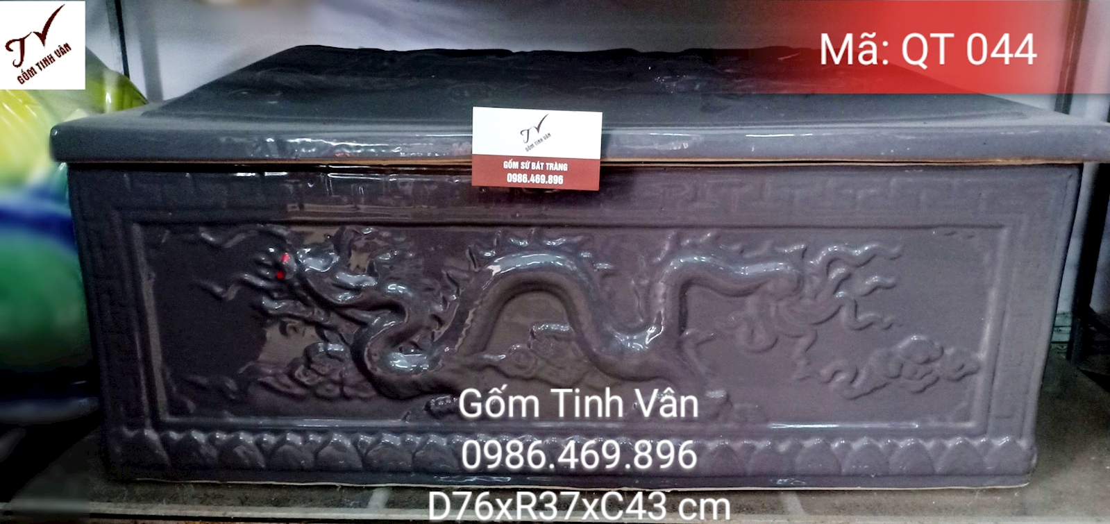 Quách tiểu cải táng, bình tro cốt, mã QT044, hũ cốt, bốc mộ, quách 76x37x43 cm, tiểu 66x27x23 cm, rồng đắp nổi, men màu xám tro, gốm sứ bát tràng, tinh vân