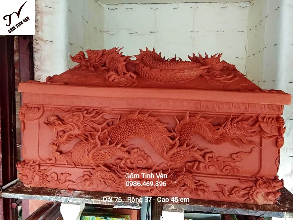Quách tiểu gốm đất nung đỏ, mã QT035, dài 76, rộng 37, cao 45 cm, gốm sứ bát tràng, tinh vân, đắp rồng nổi, cao cấp