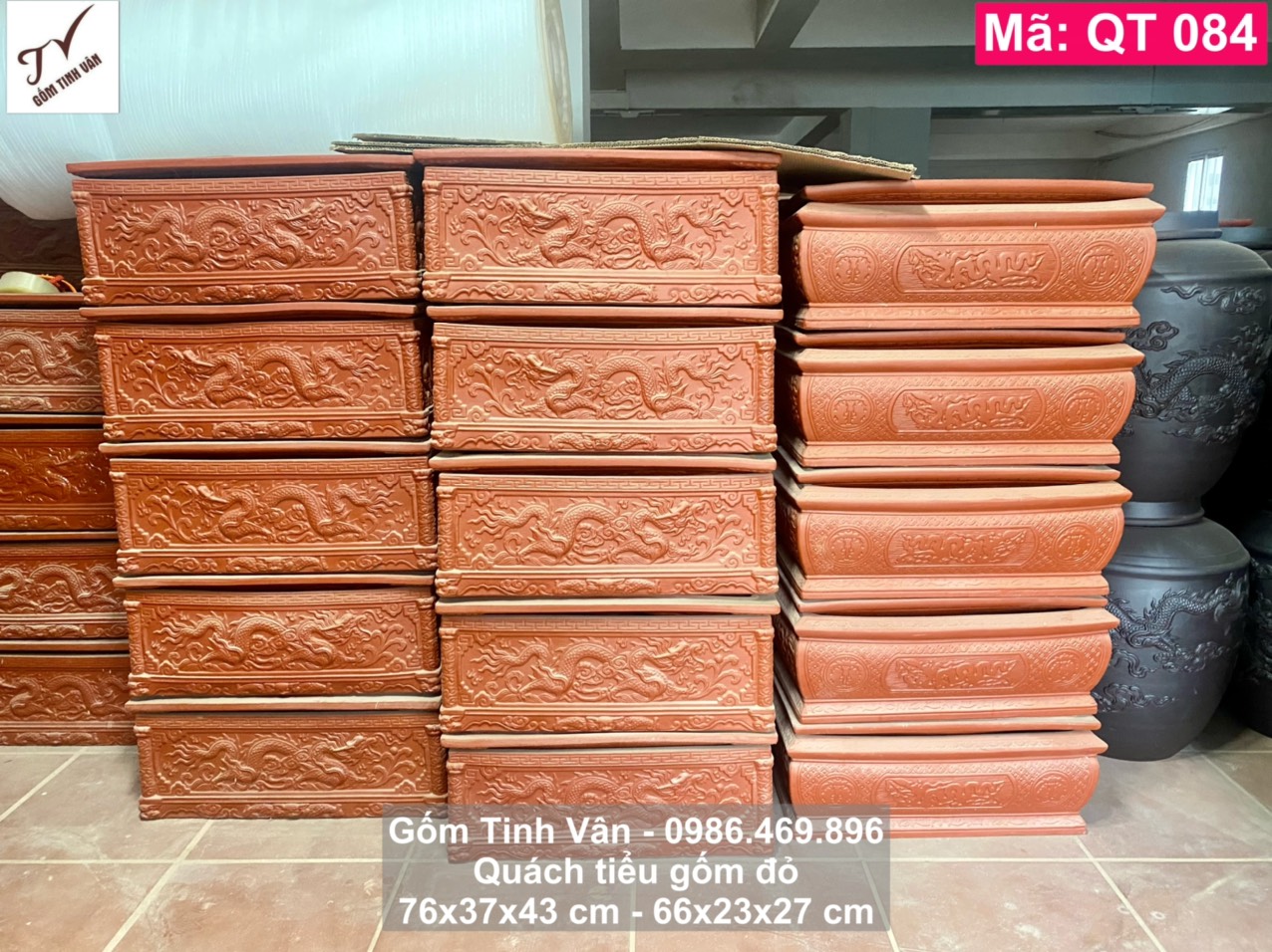 Quách tiểu gốm đất nung đỏ, mã QT084, rồng cuốn thuỷ đắp nổi, ngũ phúc kim tiền, gốm sứ bát tràng tinh vân