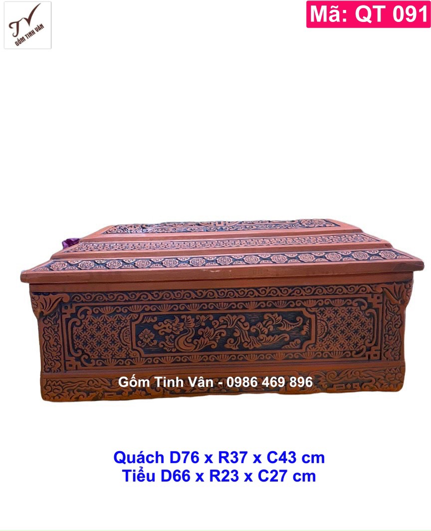 Quách tiểu gốm đất nung, mã QT091, gối đầu, hoa văn kim tiền chạm khắc nổi 3D, gốm bát tràng tinh vân