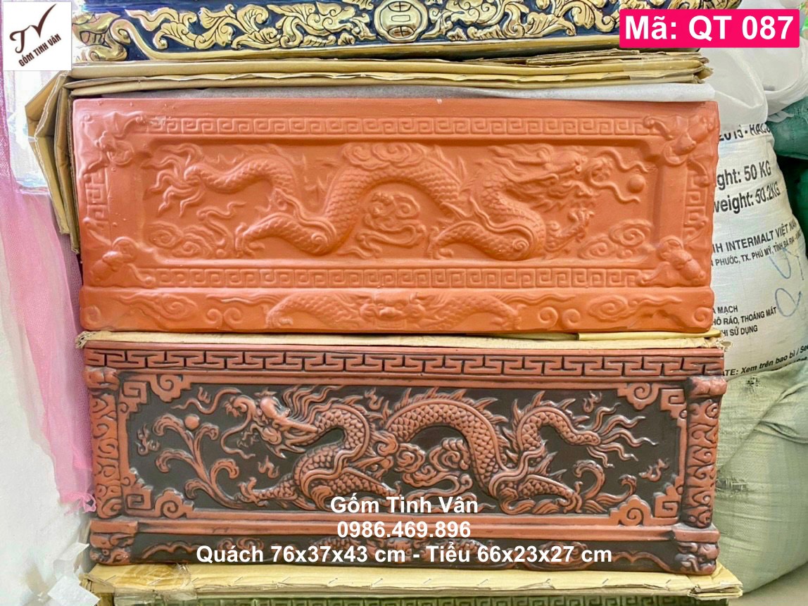 Quách tiểu gốm đất nung đỏ, mã QT087, rồng đắp nổi 3D, cải táng, hoả táng, hũ đựng tro cốt, trại hòm, gốm sứ bát tràng, tinh vân