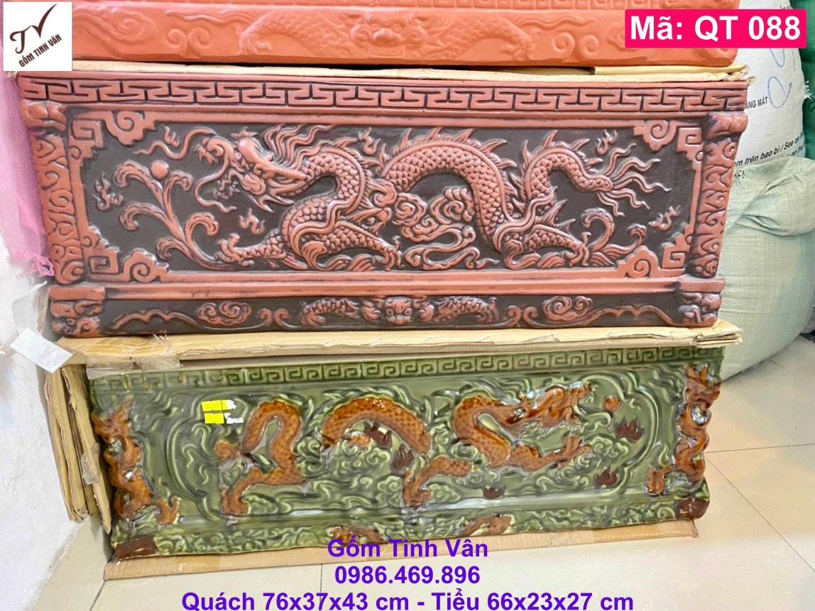 Quách tiểu gốm đất nung đỏ, xanh ngọc lục bảo, mã QT088, rồng đắp nổi 3D, cải táng, hoả táng, hũ đựng tro cốt, trại hòm, gốm sứ bát tràng, tinh vân