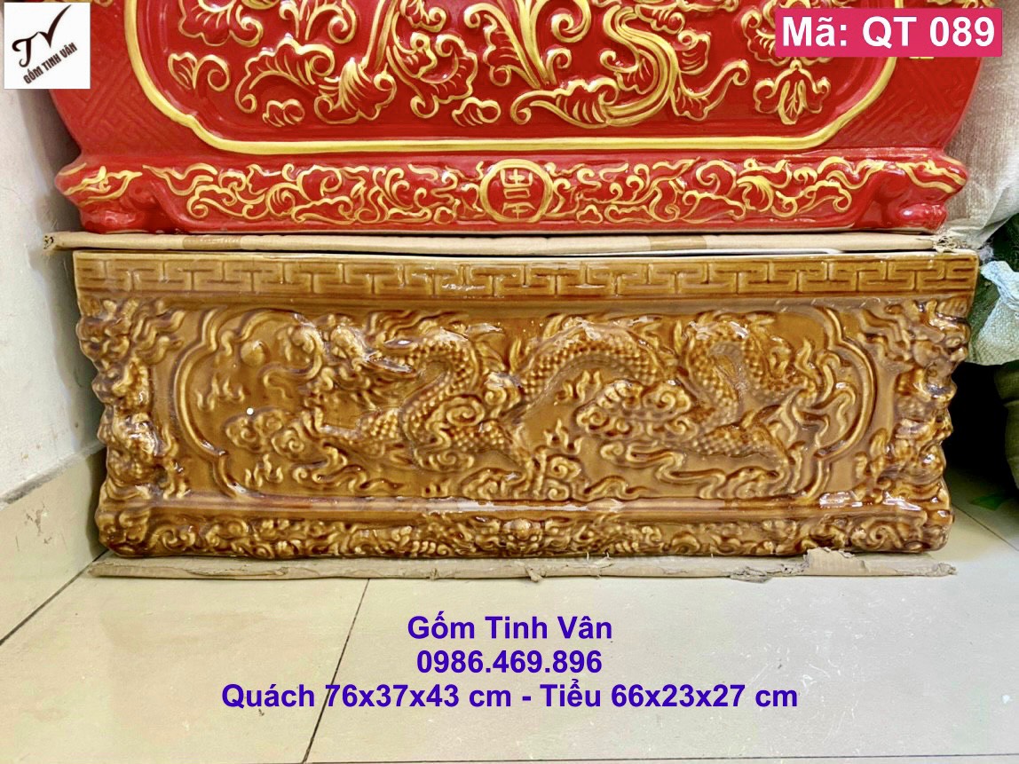 Quách tiểu men đỏ vẽ vàng, nâu da lươn, mã QT089, rồng đắp nổi 3D, cải táng, hoả táng, hũ đựng tro cốt, trại hòm, gốm sứ bát tràng, tinh vân