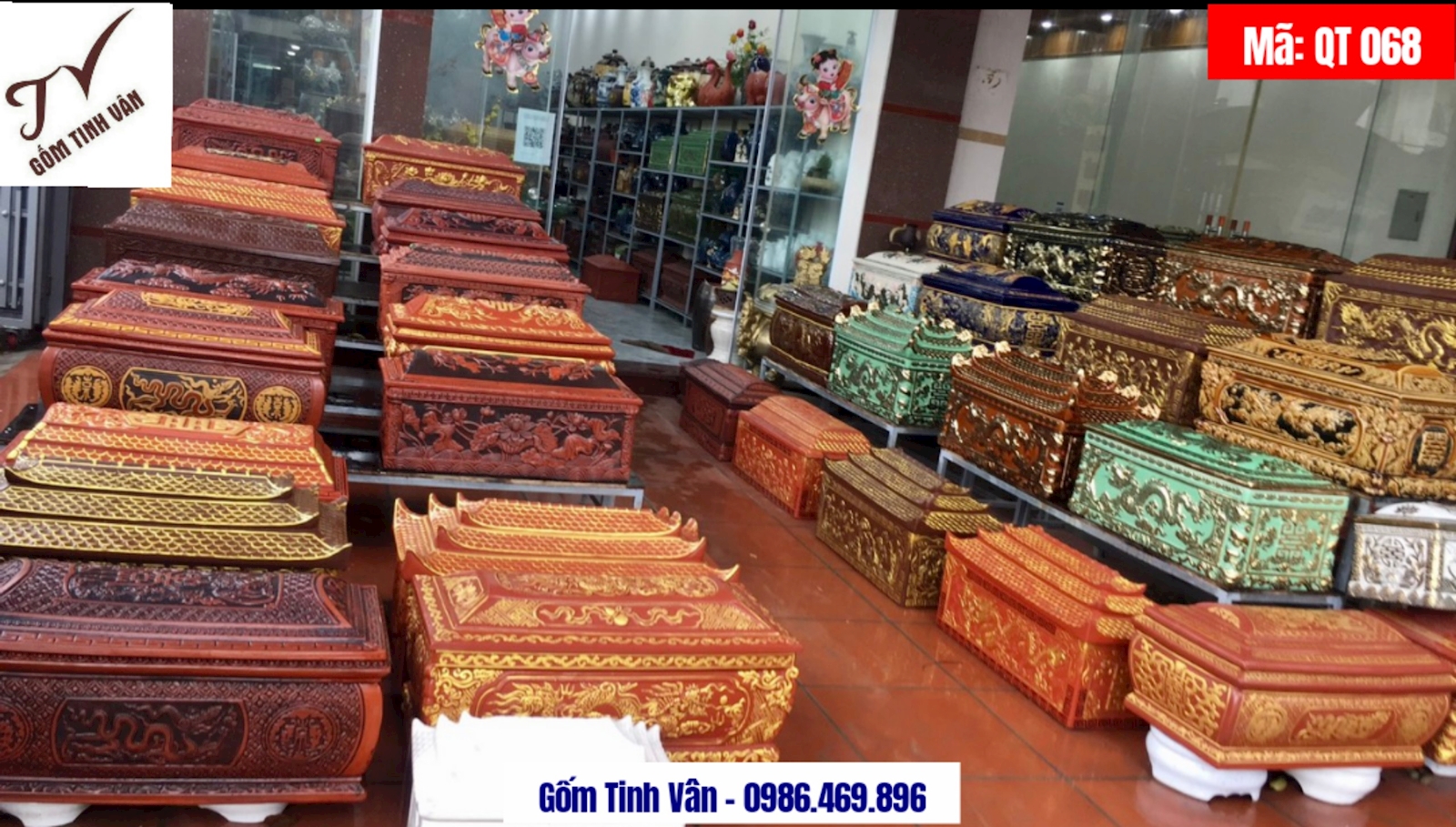 Tổng hợp các mẫu quách tiểu, mã QT068, bình tro, hũ cốt, cải táng, hoả táng, đắp nổi 3D, rát vàng 24k,  tiểu D66xR23xC27 cm, quách D78xR37xC43 cm, gốm bát tràng tinh vân