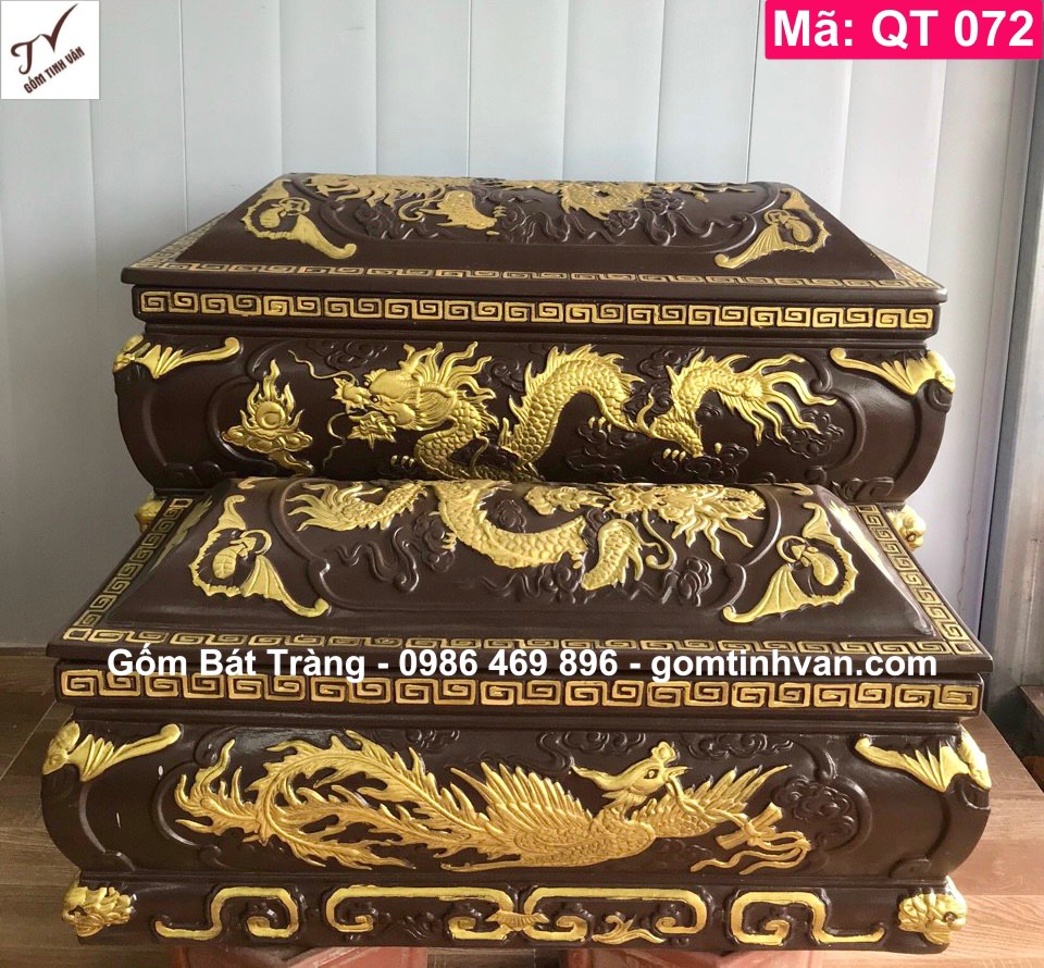 Bộ quách tiểu gốm đỏ đất nung nâu đen, mã QT072, hoa văn rồng phượng đắp nổi 3D, kết hợp vẽ vàng, hoa văn chạm trổ tinh xảo, hũ đựng tro cốt, sang cát, bốc mộ, cải táng, hoả táng, gốm bát tràng tinh vân
