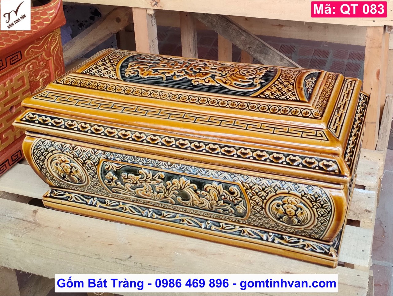 Bộ quách tiểu men nâu da lươn, mã QT083, hoa văn cổ ngũ phúc kim tiền đắp nổi 3D, hũ đựng tro cốt, sang cát, bốc mộ, cải táng, hoả táng, gốm bát tràng tinh vân