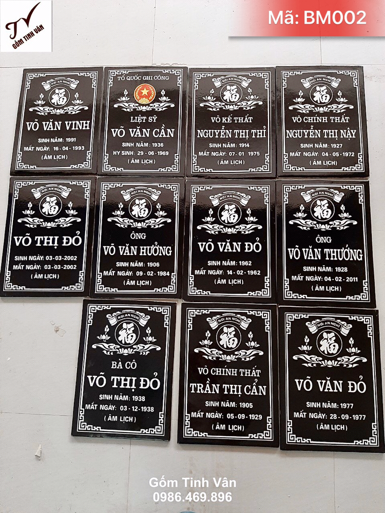 Bia mộ gốm sứ, mã BM002, kích thước 30x40 cm, màu bền vĩnh cửu, nền đen chữ trắng, trang trí đẹp, chữ rõ nét, phủ men bảo vệ, nung nhiệt độ cao, gốm bát tràng cao cấp