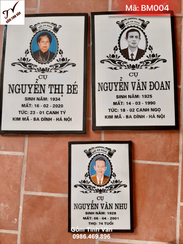 Bia mộ gốm sứ, mã BM004, kích thước 30x40 cm, màu bền vĩnh cửu, ảnh chân dung sắc nét, trang trí đẹp, chữ rõ nét, phủ men bảo vệ, nung nhiệt độ cao, gốm bát tràng cao cấp