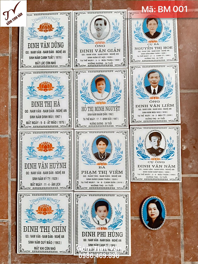 Bia mộ gốm sứ, mã BM001, kích thước 30x40 cm, màu bền vĩnh cửu, ảnh chân dung sắc nét, trang trí đẹp, chữ rõ nét, phủ men bảo vệ, nung nhiệt độ cao, gốm bát tràng cao cấp