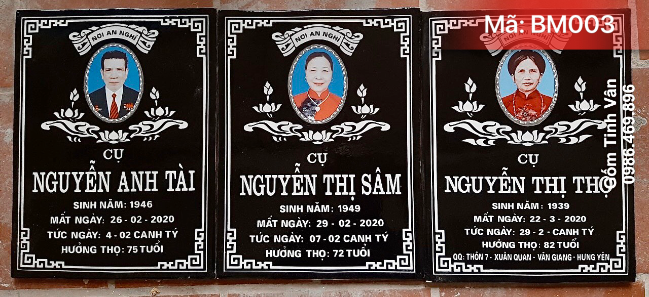 Bia mộ gốm sứ, mã BM003, kích thước 30x40 cm, màu bền vĩnh cửu, ảnh chân dung sắc nét, trang trí đẹp, chữ rõ nét, phủ men bảo vệ, nung nhiệt độ cao, gốm bát tràng cao cấp