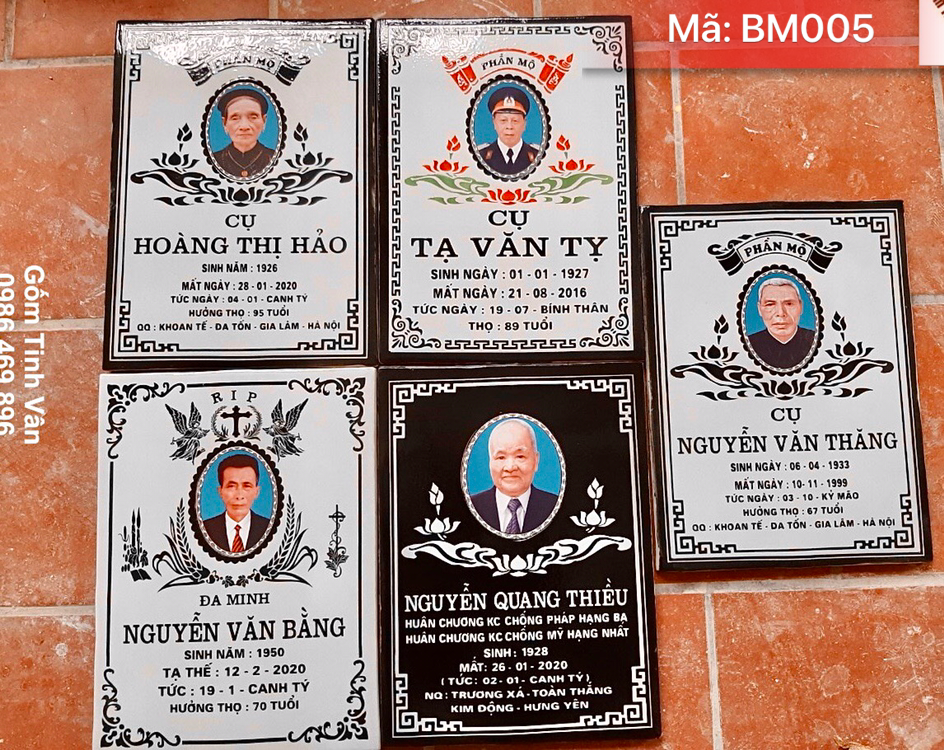 Bia mộ gốm sứ, mã BM005, kích thước 30x40 cm, màu bền vĩnh cửu, ảnh chân dung sắc nét, trang trí đẹp, chữ rõ nét, phủ men bảo vệ, nung nhiệt độ cao, gốm bát tràng cao cấp