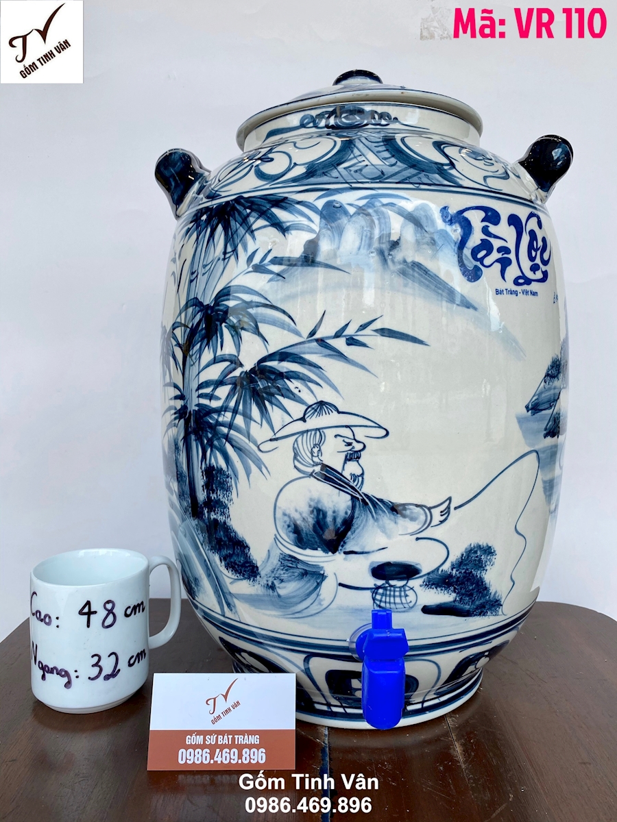 Bình ngâm rượu dáng bí 20 lit, mã VR110, bình nước lọc có van, vẽ tay cảnh lão vọng câu cá, cao 48 đk 32 cm, ngâm rượu ngon, khử andehit, làm mát rươu, trưng bày đẹp, dễ lau chùi sạch sẽ, 2 tai xách tiện dụng, gốm bát tràng