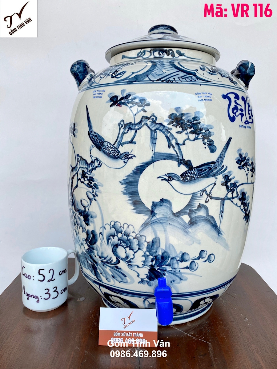 Bình ngâm rượu dáng bí 30 lit, mã VR116, bình nước lọc có van, vẽ tay cảnh chim hoa, cao 52 đk 33 cm, ngâm rượu ngon, khử andehit, làm mát rươu, trưng bày đẹp, dễ lau chùi sạch sẽ, 2 tai xách tiện dụng, gốm bát tràng