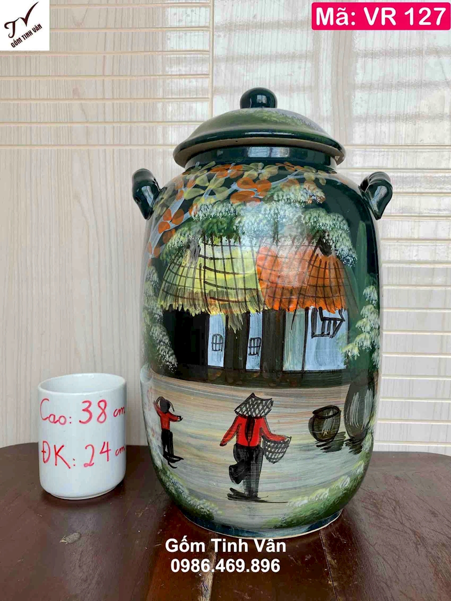 Bình ngâm rượu dáng bí 10 lit, mã VR127, cao 38 dk 24 cm, men xanh rêu, hoa văn vẽ tay cảnh đồng quê, ngâm rượu ngon, sạch sẽ, khử andehit, làm mát rượu, gốm bát tràng