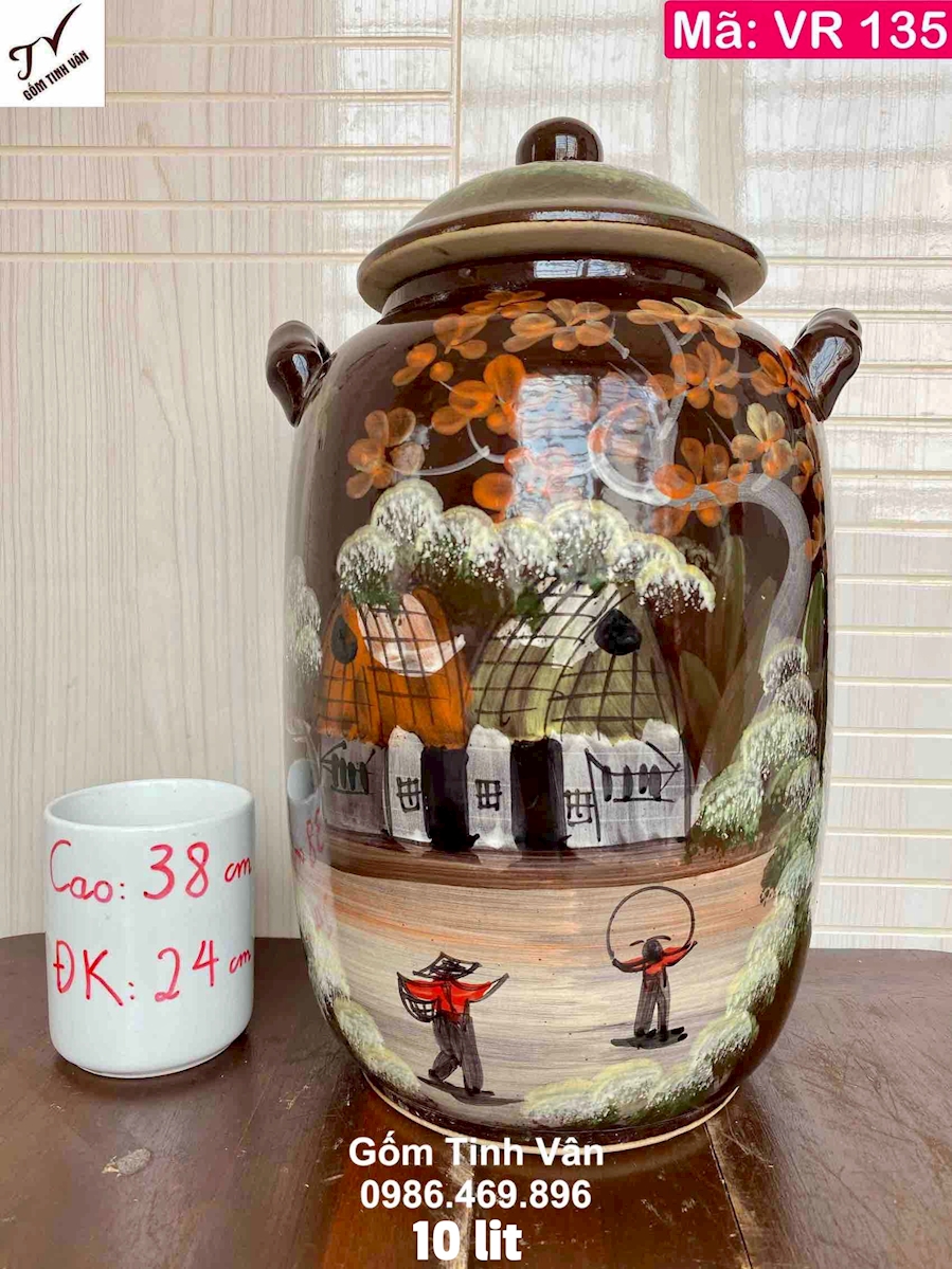Bình ngâm rượu dáng bí 10 lit, mã VR135, cao 38 rộng 24 cm, men nâu, hoa văn vẽ tay cảnh đồng quê, ngâm rượu ngon, sạch sẽ, khử andehit, làm mát rượu, gốm bát tràng