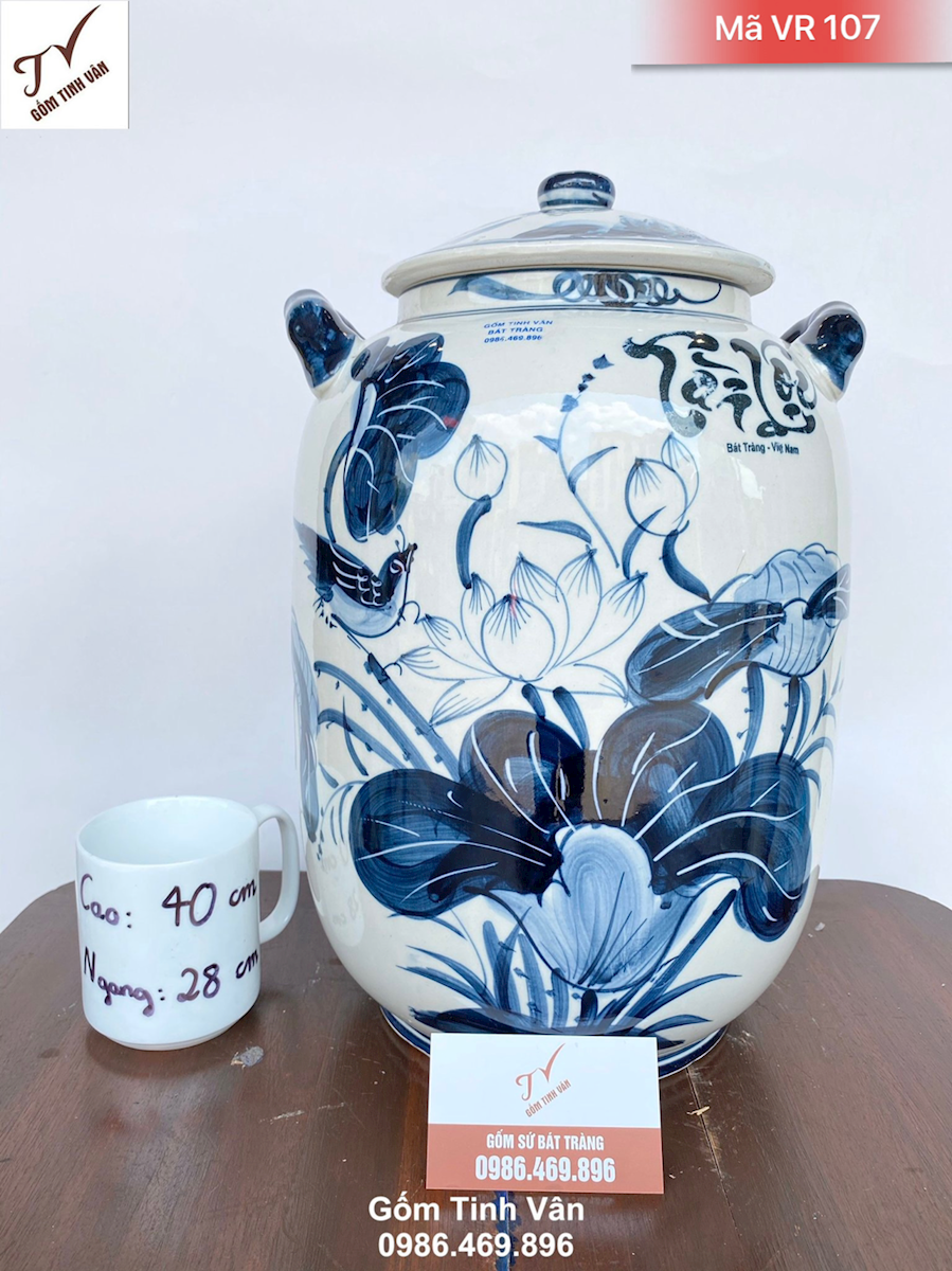 Bình ngâm rượu dáng bí 15 lit, mã VR107, hoa sen vẽ tay, cao 40 đk 28 cm, ngâm rượu ngon, khử andehit, làm mát rươu, trưng bày đẹp, dễ lau chùi sạch sẽ, 2 tai xách tiện dụng, gốm bát tràng