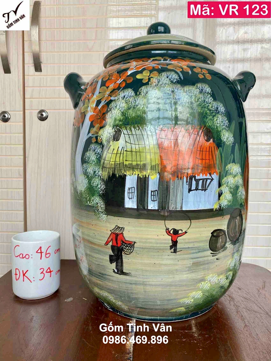 Bình ngâm rượu dáng bí 20 lit, mã VR123, men xanh rêu, hoa văn vẽ tay cảnh đồng quê, ngâm rượu ngon, sạch sẽ, khử andehit, làm mát rượu, gốm bát tràng