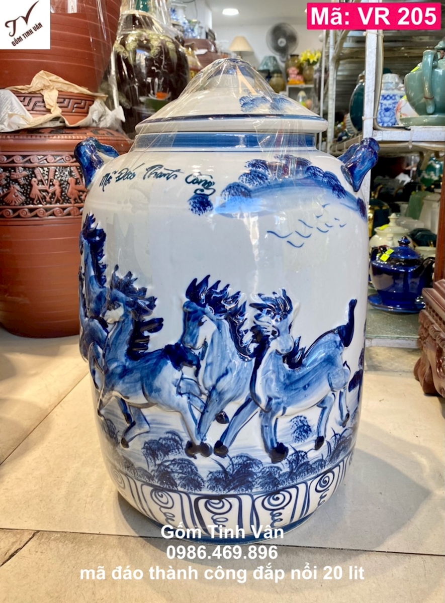 Bình ngâm rượu, 20 lit, mã VR205, mã đáo thành công, đắp nổi 3D, chum sành, vò rượu, gốm bát tràng, tinh vân