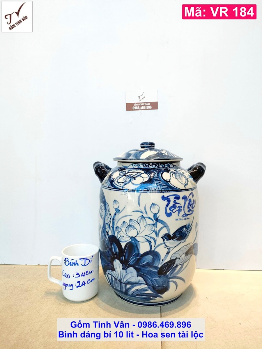 Bình ngâm rượu, chum sành, vò rượu dáng bí, 10 lit, mã VR184, hoa sen tài lộc, men trắng xanh, gốm bát tràng tinh vân