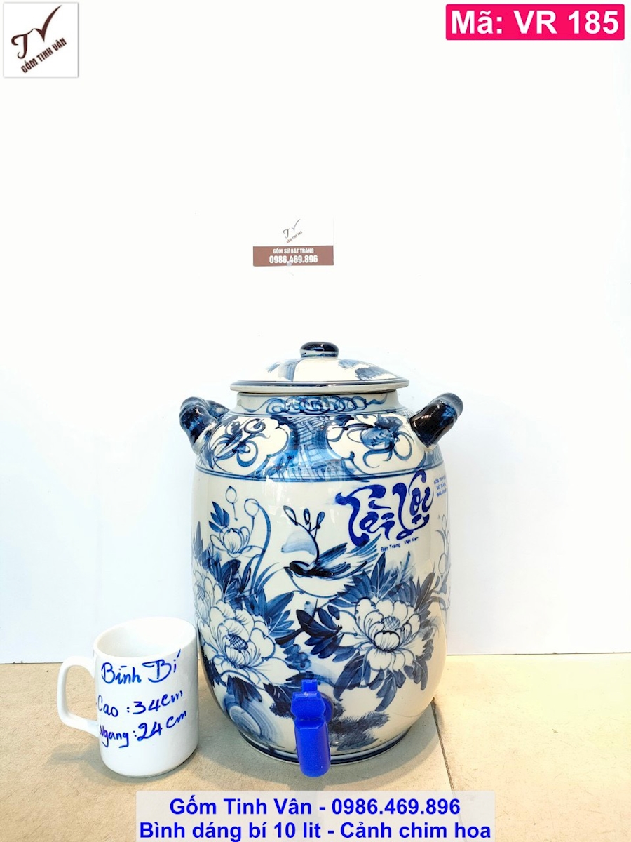 Bình ngâm rượu, chum sành, vò rượu dáng bí, 10 lit, mã VR185, cảnh chim hoa mẫu đơn, men trắng xanh, gốm bát tràng tinh vân