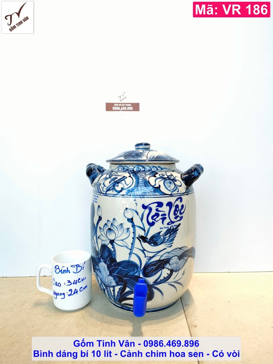 Bình ngâm rượu, chum sành, vò rượu dáng bí, 10 lit, mã VR186, cảnh chim hoa sen, có vòi (van nhựa), men trắng xanh, gốm bát tràng tinh vân