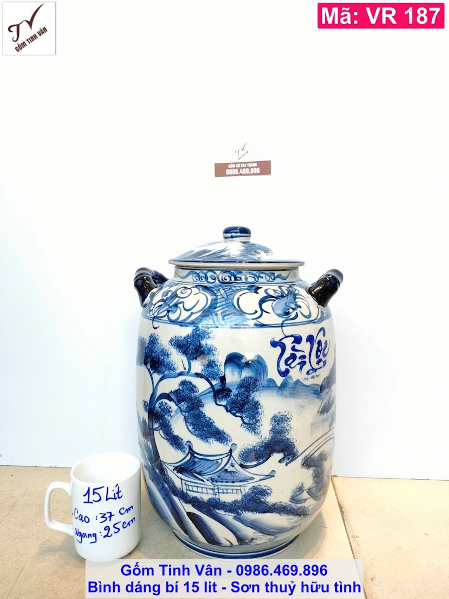 Bình ngâm rượu, chum sành, vò rượu dáng bí, 15 lit, mã VR187, cảnh sơn thủy hữu tình, men trắng xanh, gốm bát tràng tinh vân
