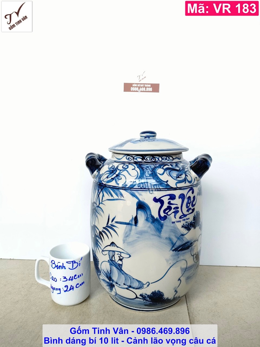 Bình ngâm rượu, chum sành dáng bí, 10 lit, mã VR183, lão vọng câu cá men trắng xanh, gốm bát tràng tinh vân