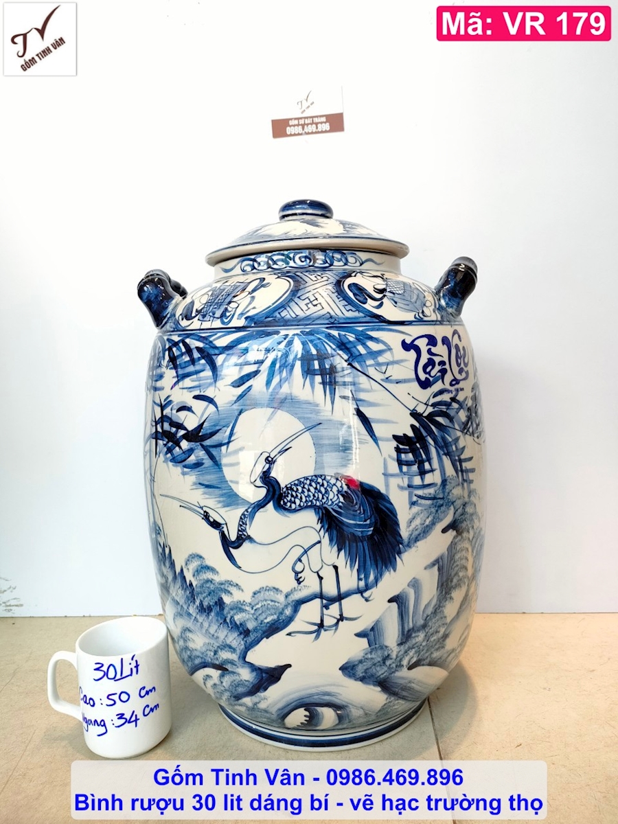 Bình ngâm rượu, chum sành dáng bí, mã VR179, dung tích 30 lit, cảnh hạc trường thọ, gốm bát tràng tinh vân