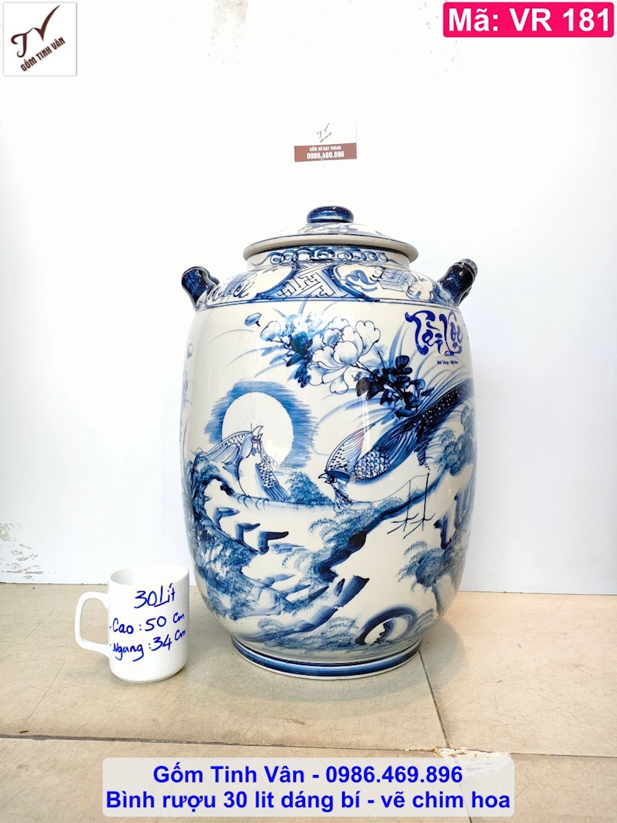 Bình ngâm rượu, chum sành dáng bí, mã VR181, dung tích 30 lit, cảnh chim hoa, gốm bát tràng tinh vân