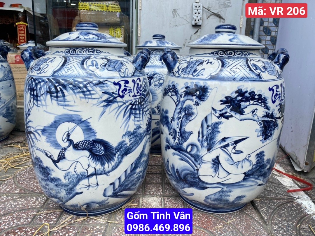 Bình ngâm rượu dáng bí, 30 lit, mã VR206, men trắng xanh lam, nhiều cảnh ,hoa văn khác nhau,chum sành, vò rượu, gốm bát tràng, tinh vân