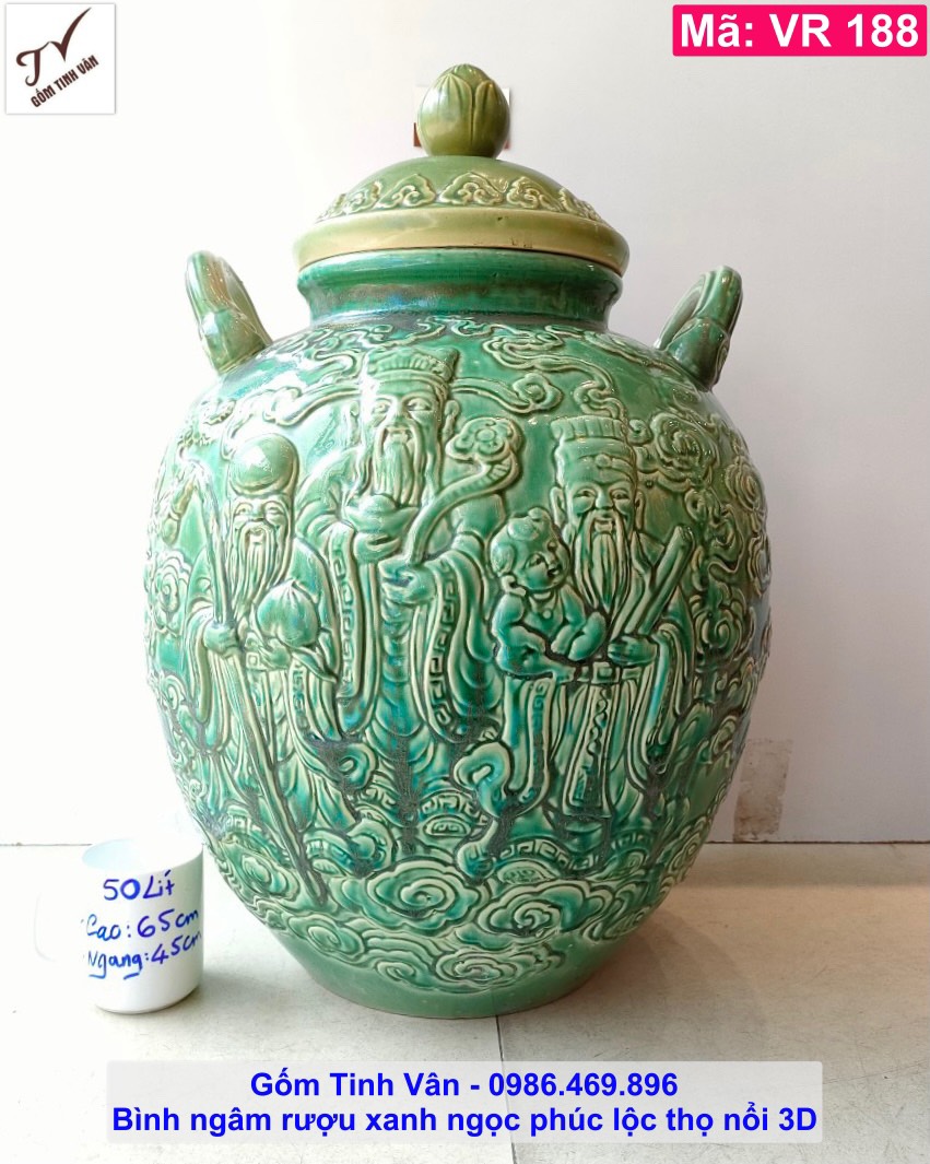 Bình ngâm rượu xanh ngọc, mã VR188, phúc lộc thọ nổi 3D, chum sành, hũ rượu gốm bát tràng tinh vân