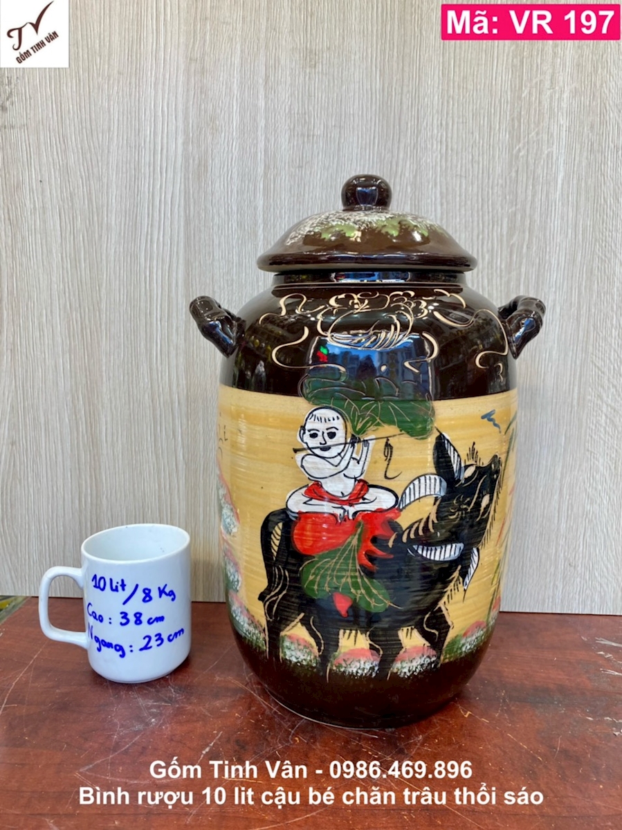 Bình rượu nâu vàng dáng bí 10 lit, mã VR197, cậu bé chăn trâu thổi sáo, chum ngâm rượu, gốm bát tràng tinh vân