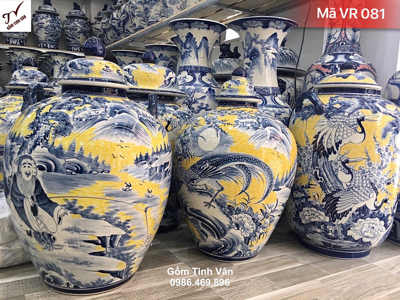 Bộ 3 bình ngâm rượu men vàng 50 lit, mã VR081, hoa văn lão vọng câu cá, chim trĩ hoa phù dung, tùng hạc trường thọ, hoa văn vẽ tay thủ công sắc nét, khử độc, ngâm rượu ngon, gốm sứ bát tràng tinh vân