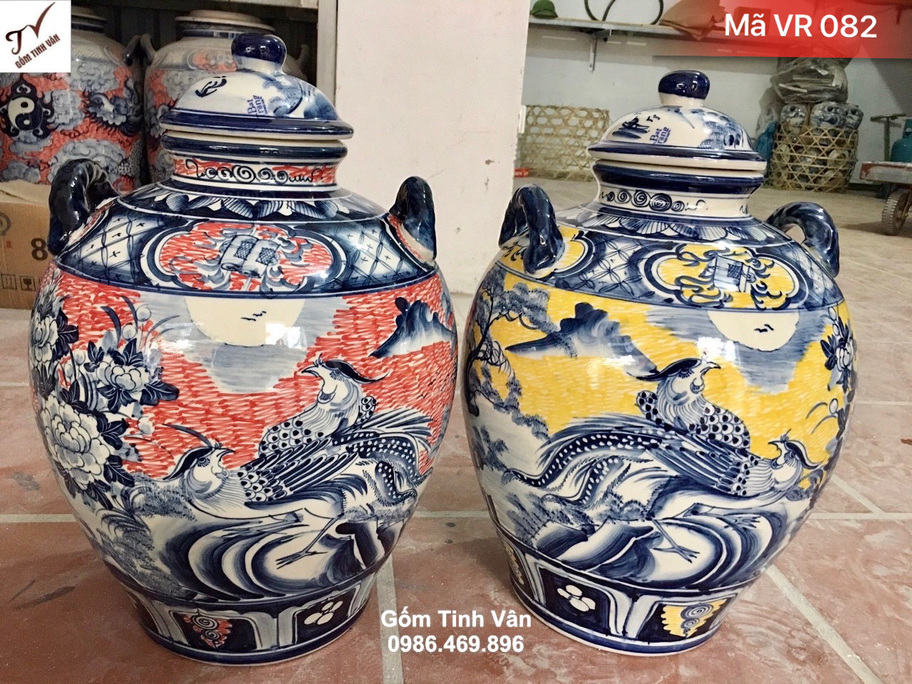 Cặp đôi bình ngâm rượu chim hoa 30 lit, mã VR082, men đỏ và men vàng, hoa văn xanh lam vẽ sắc nét, chum ngâm rượu ngon, khử độc tố, làm mát rượu, trưng bày đẹp, gốm bát tràng cao cấp